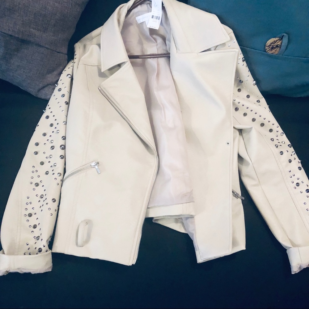 Women’s cream faux leather blazer with studs